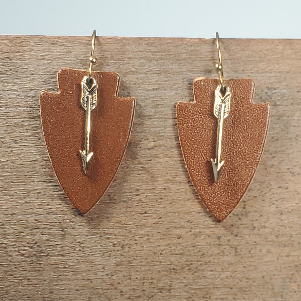 Leather Arrowhead Drop and Dangle Earrings with Golden Arrow.  Handmade.
